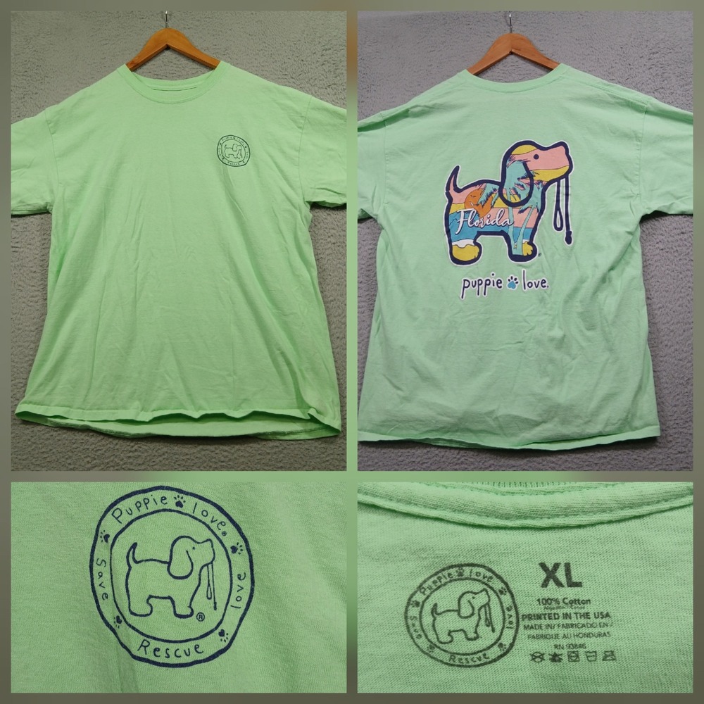 Puppie Love T-Shirt Mens XL Green Florida Rescue Dog‎ Graphic Printed in USA